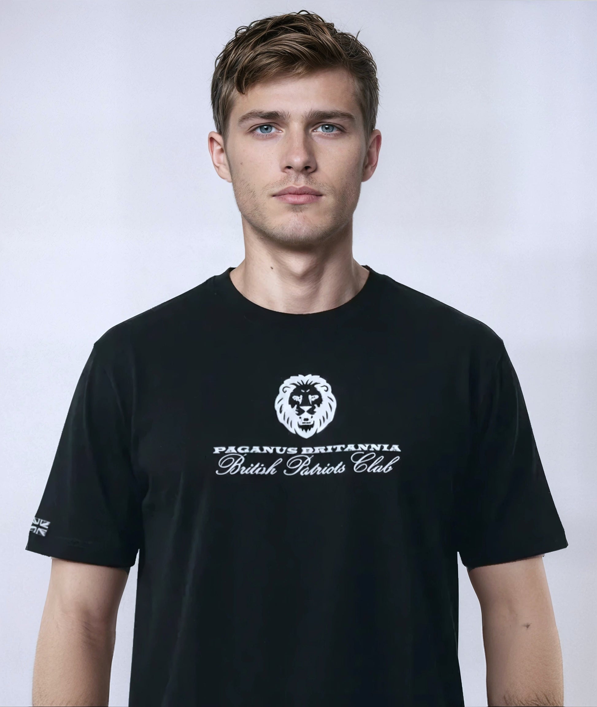 British Patriots Club. Black 280 gsm organic combed cotton t-shirt. Paganus Britannia