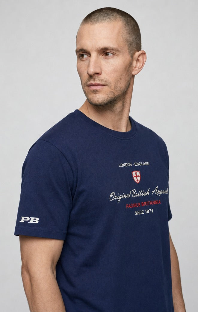 A classic embroidery design . Original British Apparel blue 280 gsm t-shirt Paganus Britannia