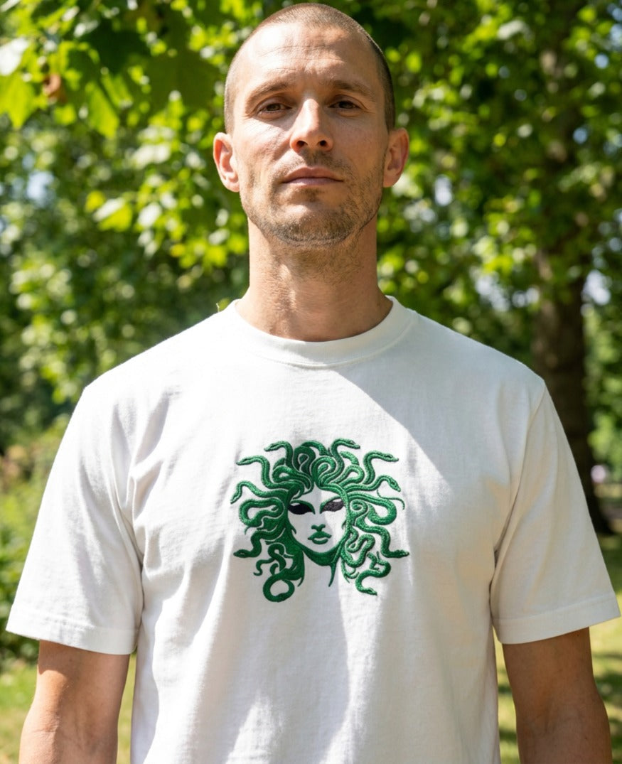 Medusa t-shirt. Gorgeous green and black embroidery design. Paganus Britannia