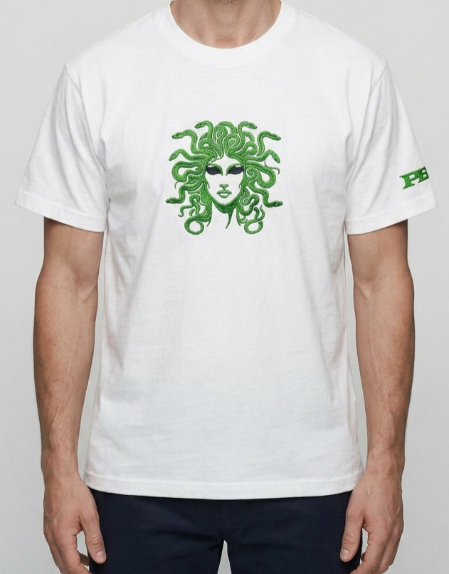Medusa t-shirt. Gorgeous green and black embroidery design. Paganus Britannia