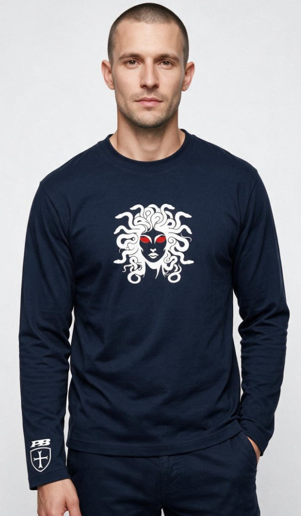 White Medusa navy blue long sleeved t-shirt. £10 discount for advance orders. Due 31st August. Paganus Britannia