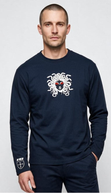 White Medusa navy blue long sleeved t-shirt. £10 discount for advance orders. Due 31st August. Paganus Britannia