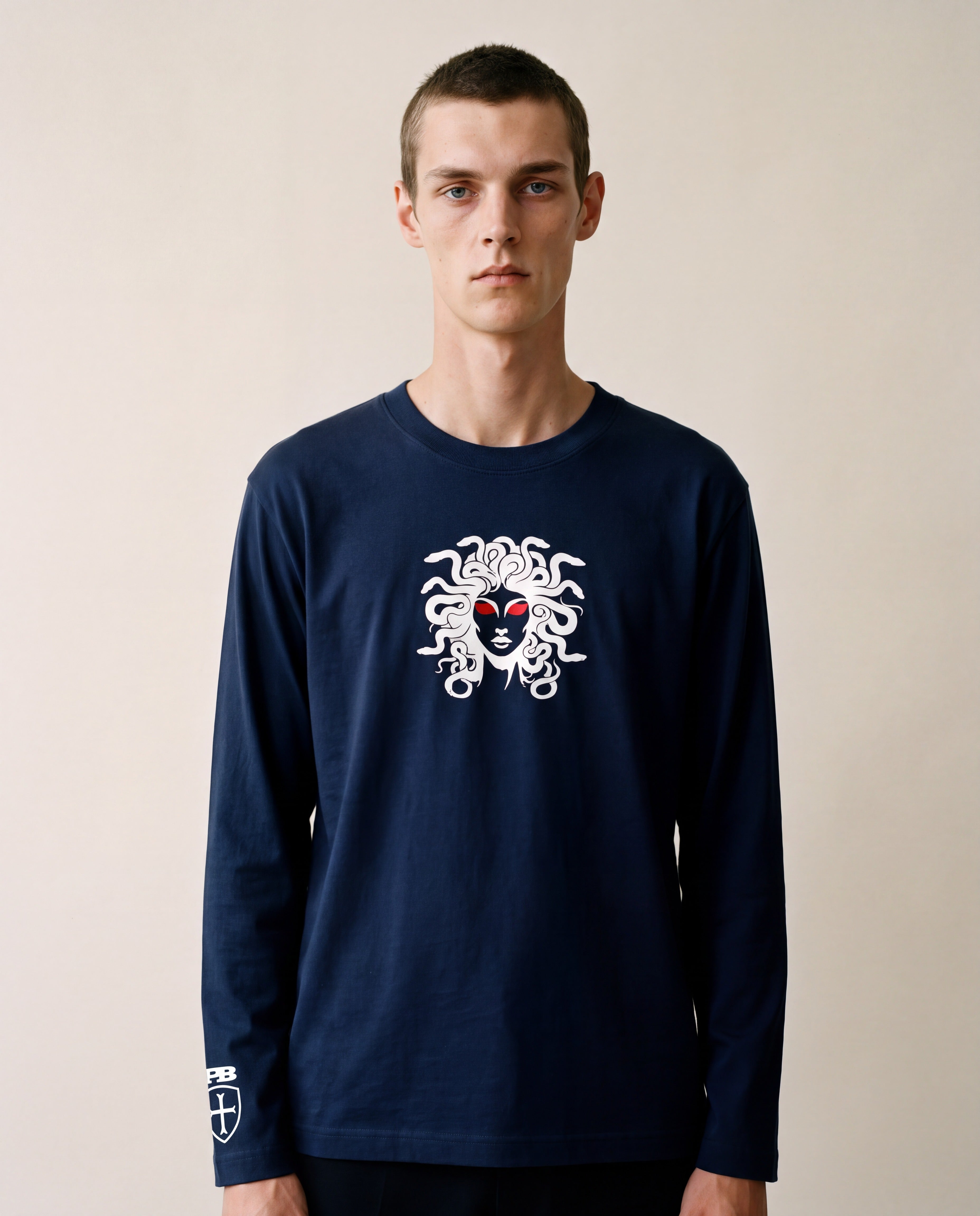 White Medusa navy blue long sleeved t-shirt. £10 discount for advance orders. Due 31st August. Paganus Britannia