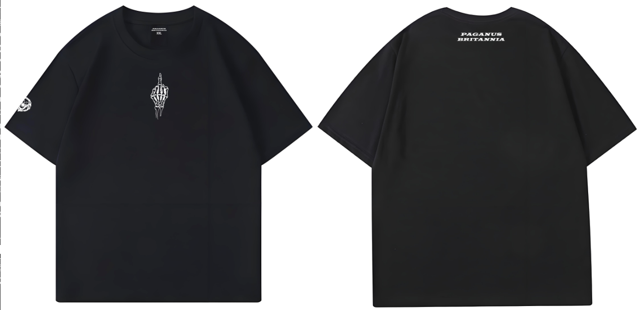 Man wearing a Paganus Britannia black t-shirt with a fuck you middle finger design in white silk  embroidery