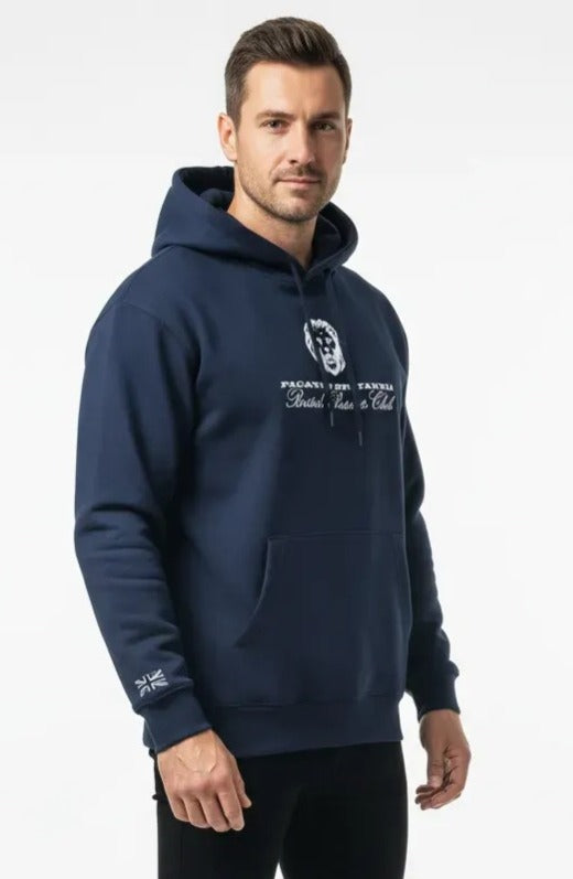 Man wearing a navy blue hoodie with text and logo on a white background