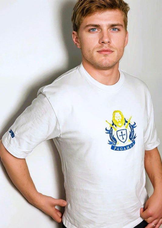 Man wearing a white t-shirt with a logo on a plain background