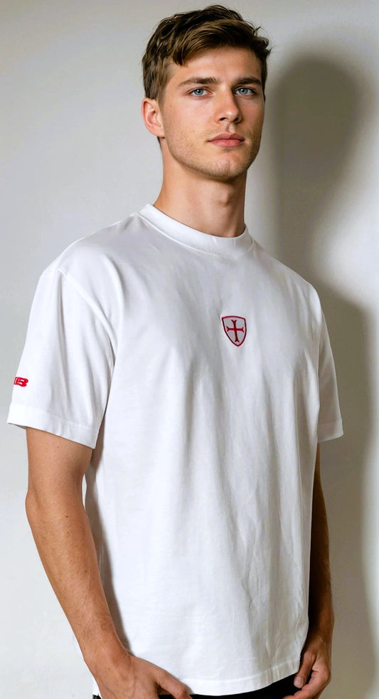 Bone white 260gsm t-shirt with shield logo.