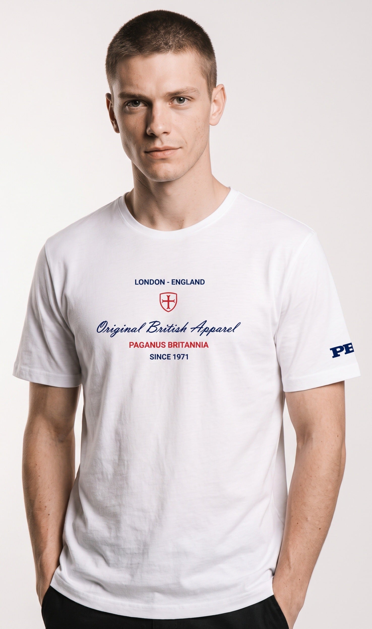 A classic embroidery design. Original British Apparel white 280 gsm t-shirt Paganus Britannia