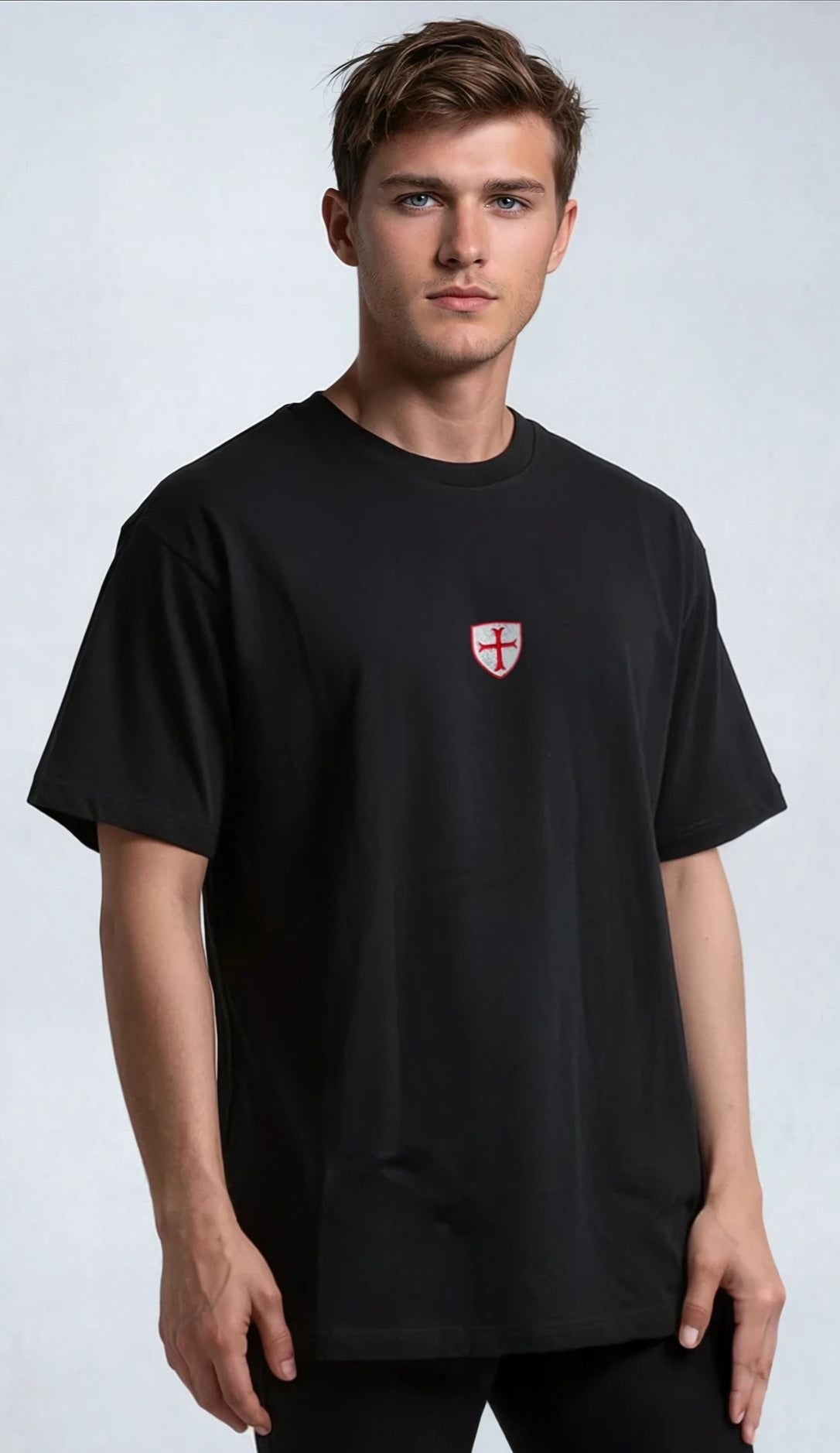 Black 260 gsm organic cotton t-shirt with shield logo.