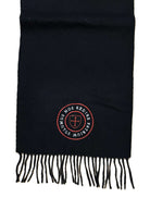 Black Paganus scarf with fringes and logos on a white background