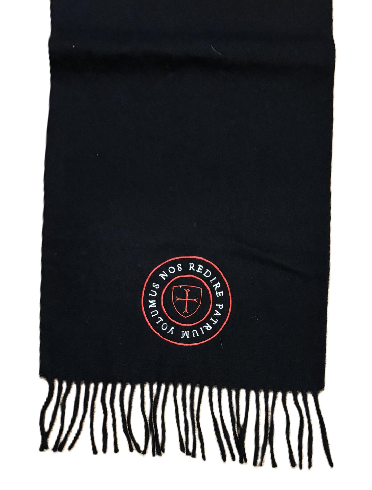 Black Paganus scarf with fringes and logos on a white background