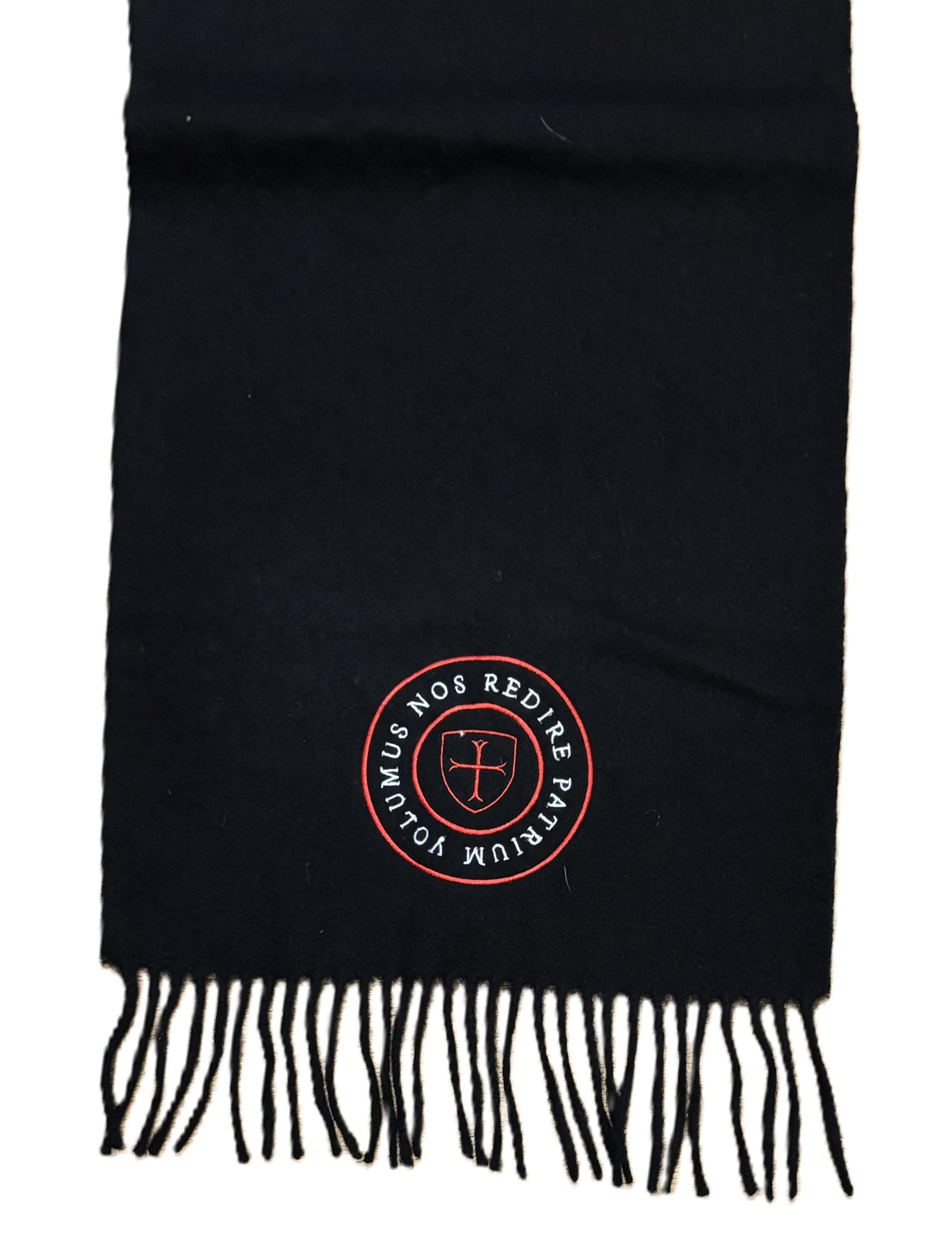 Black Paganus scarf with fringes and logos on a white background