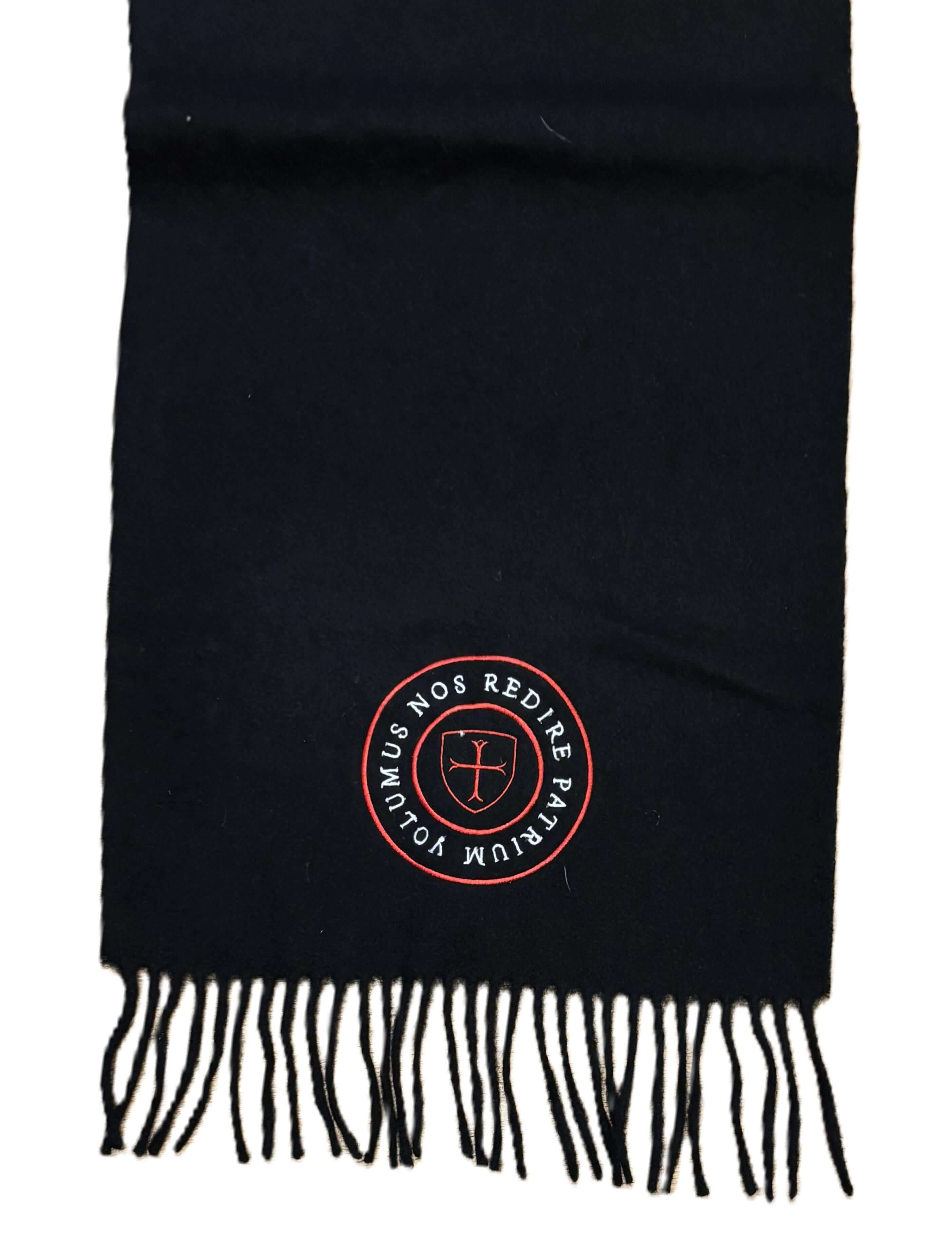 Black Paganus scarf with fringes and logos on a white background