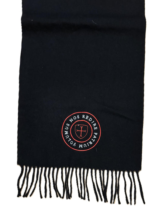 Black Paganus scarf with fringes and logos on a white background