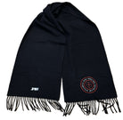 Black Paganus scarf with fringes and logos on a white background