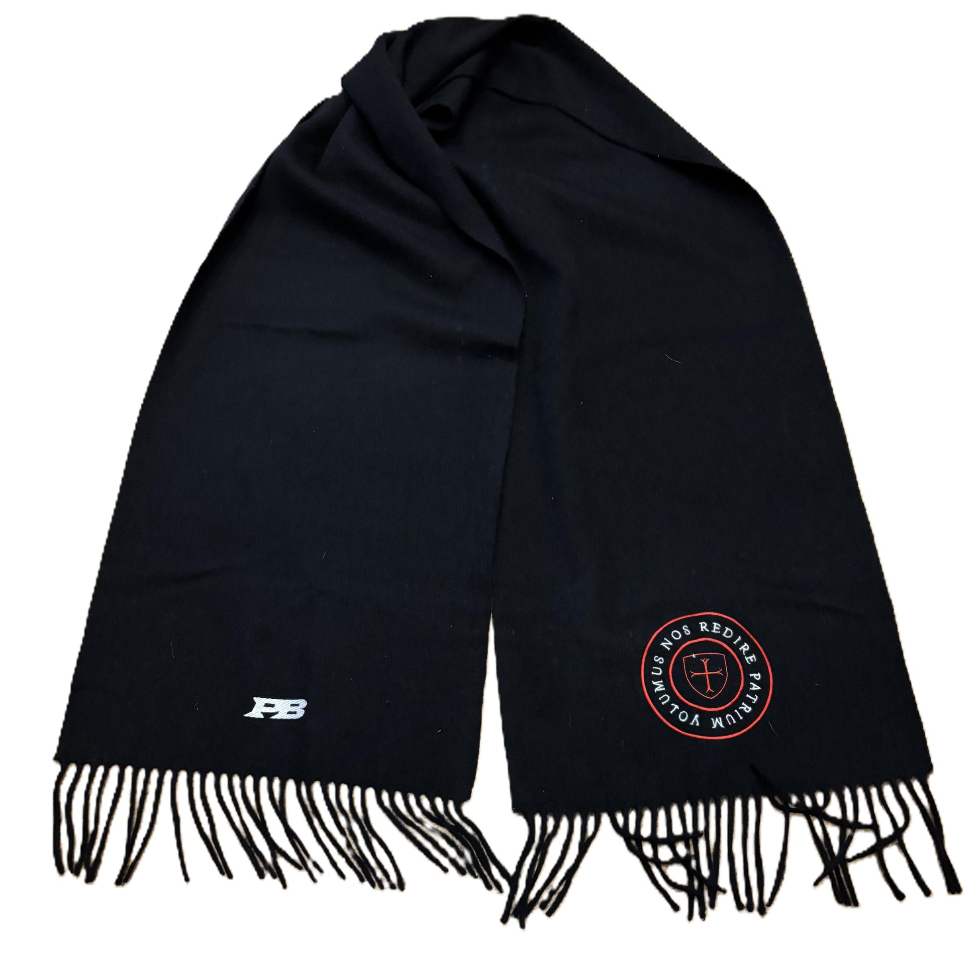Black Paganus scarf with fringes and logos on a white background