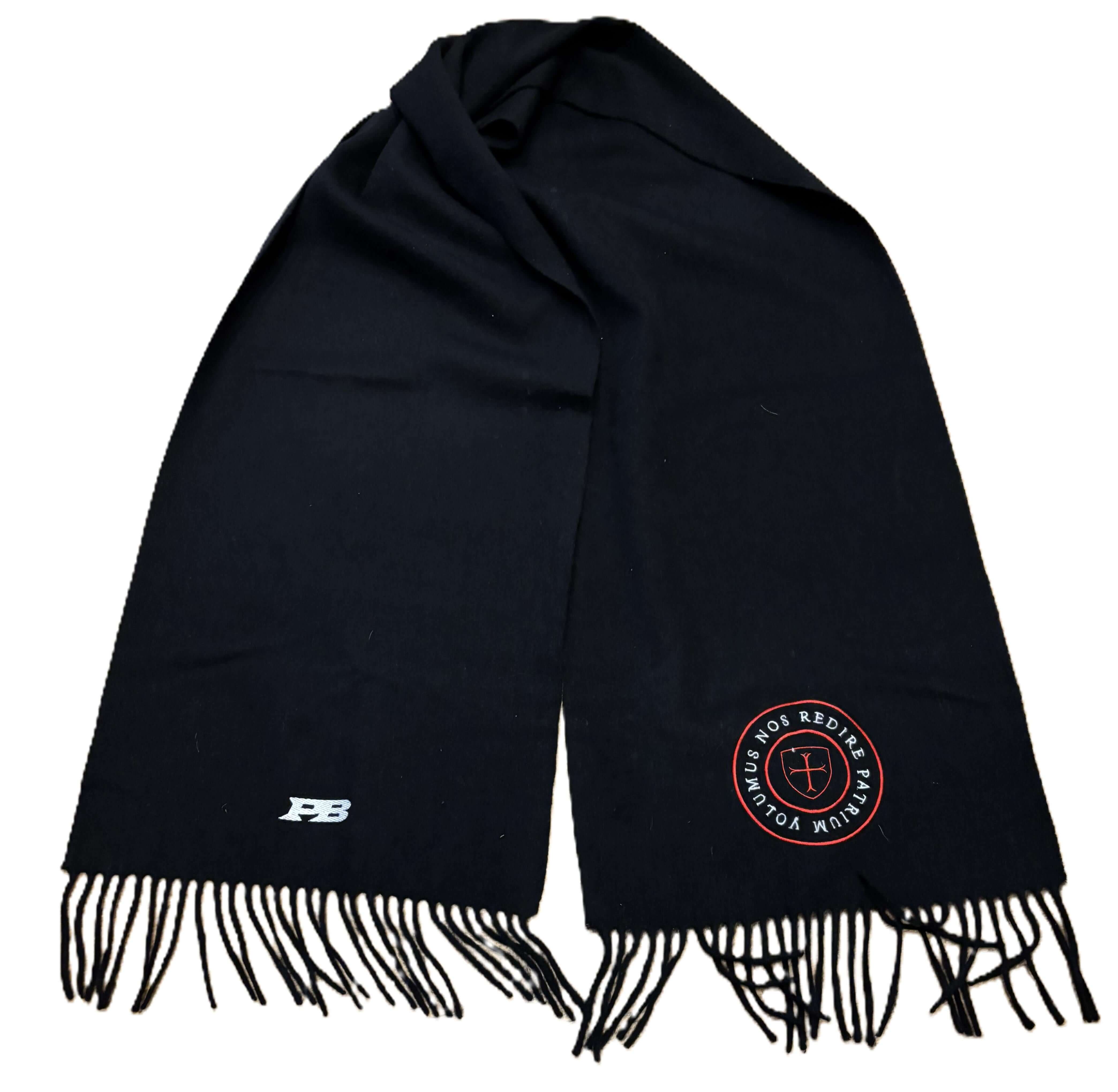 Black Paganus scarf with fringes and logos on a white background
