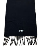 Black Paganus scarf with fringes and logos on a white background