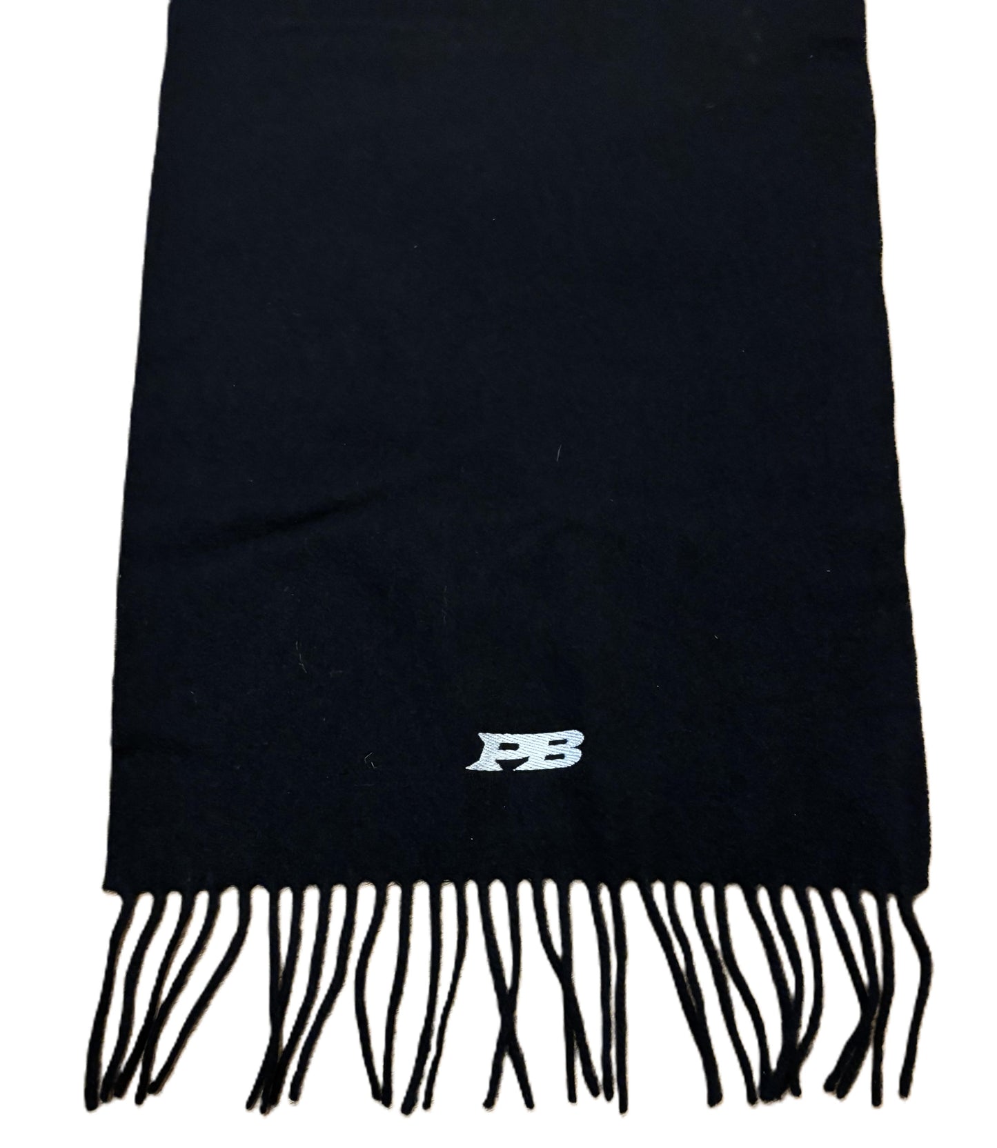 Black Paganus scarf with fringes and logos on a white background