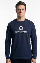 Model wearing blue long sleeved Paganus Britannia British Patriots Club t-shirt