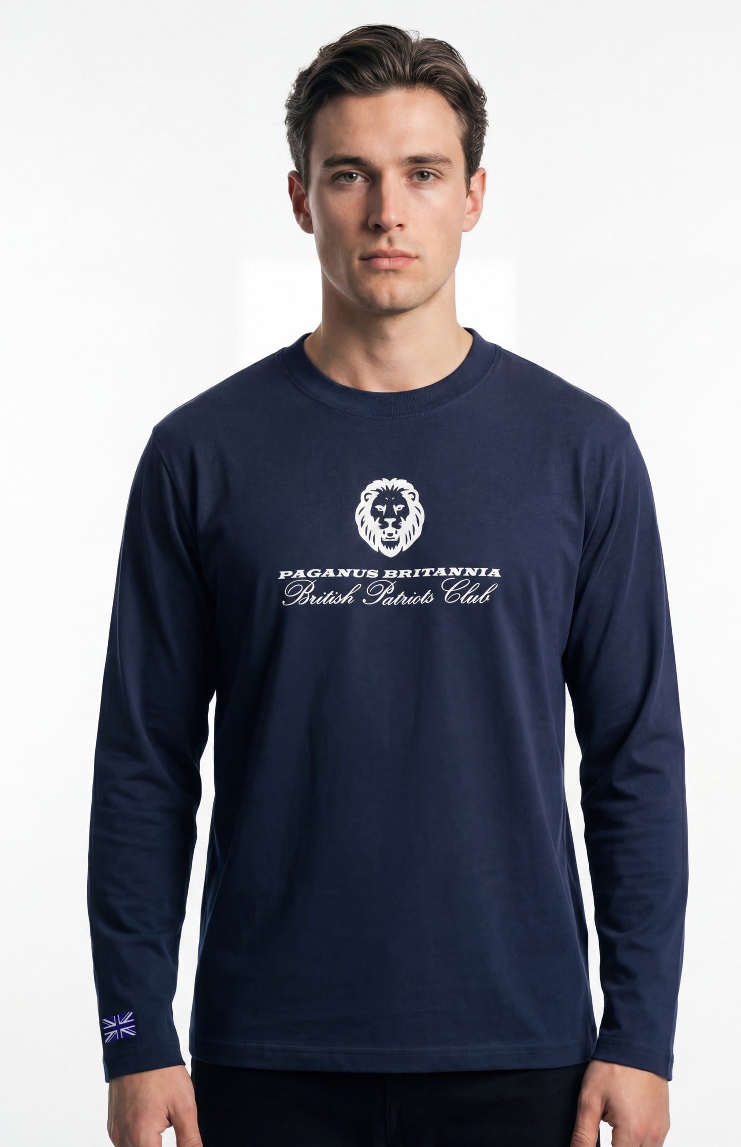 Model wearing blue long sleeved Paganus Britannia British Patriots Club t-shirt