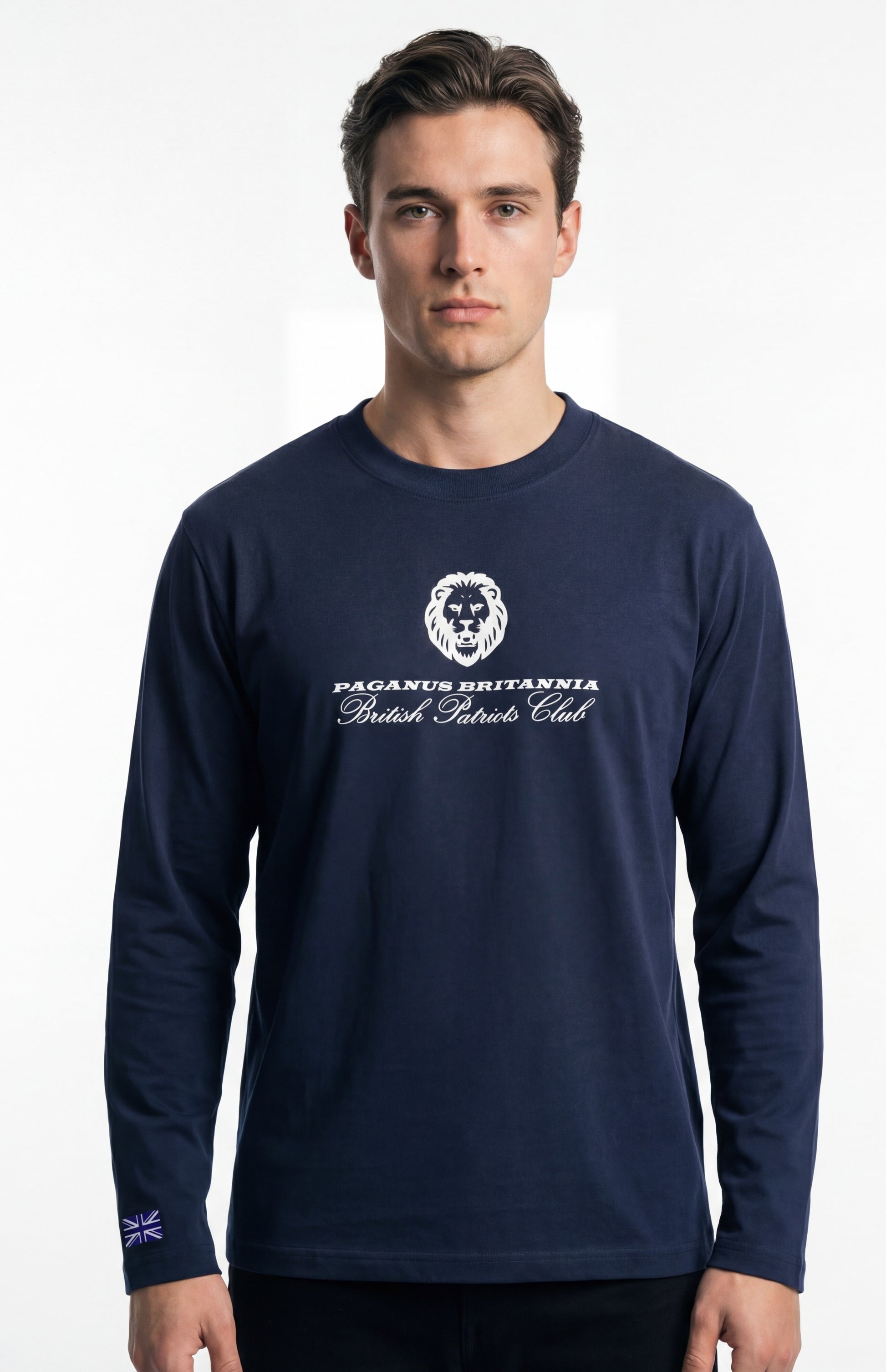 Model wearing blue long sleeved Paganus Britannia British Patriots Club t-shirt