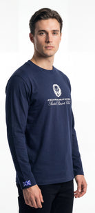 Model wearing blue long sleeved Paganus Britannia British Patriots Club t-shirt