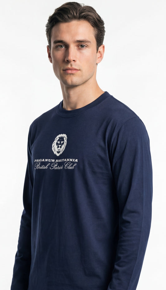Model wearing blue long sleeved Paganus Britannia British Patriots Club t-shirt