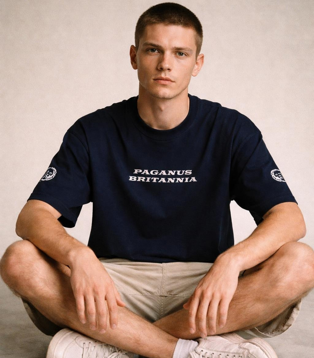 Blue t-shirt. PAGANUS BRITANNIA. Ultra heavy 320GSM organic cotton. SOLD OUT NEW STOCK DUE MID MARCH Paganus Britannia