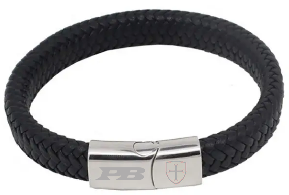Black braided leather bracelet with a steel clasp 