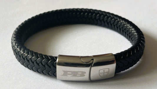 Black braided leather bracelet with a steel clasp 