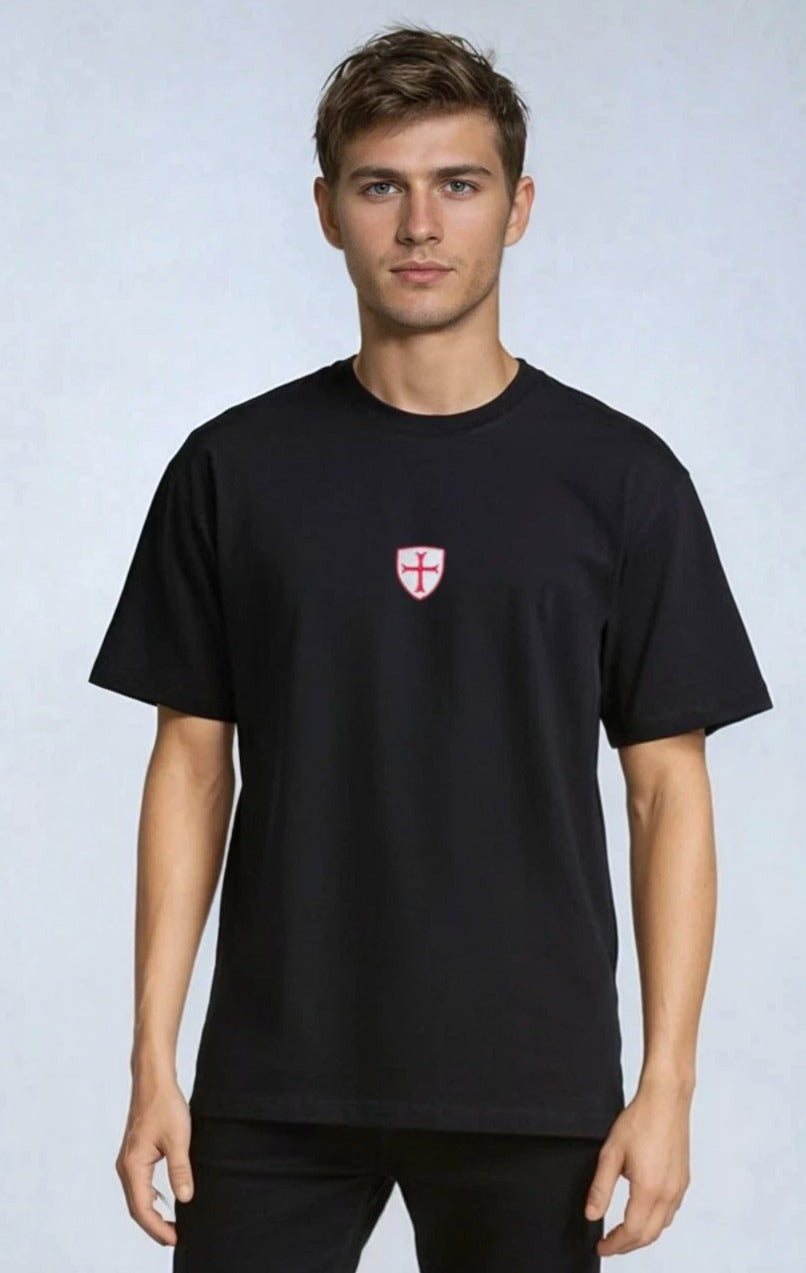 Paganus 260gsm  black t-shirt with a red and white patriot shield 