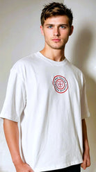 Paganus 280 gsm white t-shirt with a red logo. volumus nos patrium redire