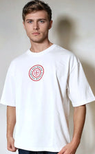 Paganus 280 gsm white t-shirt with a red logo. volumus nos patrium redire