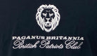 Black shirt with white lion emblem and text 'Paganus Britannia British Patriots Club' on a black background