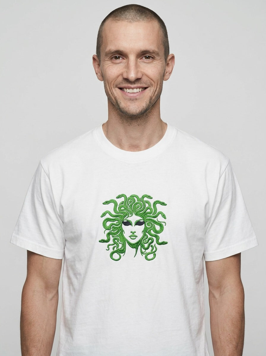 Medusa t-shirt. Gorgeous green and black embroidery design. Paganus Britannia