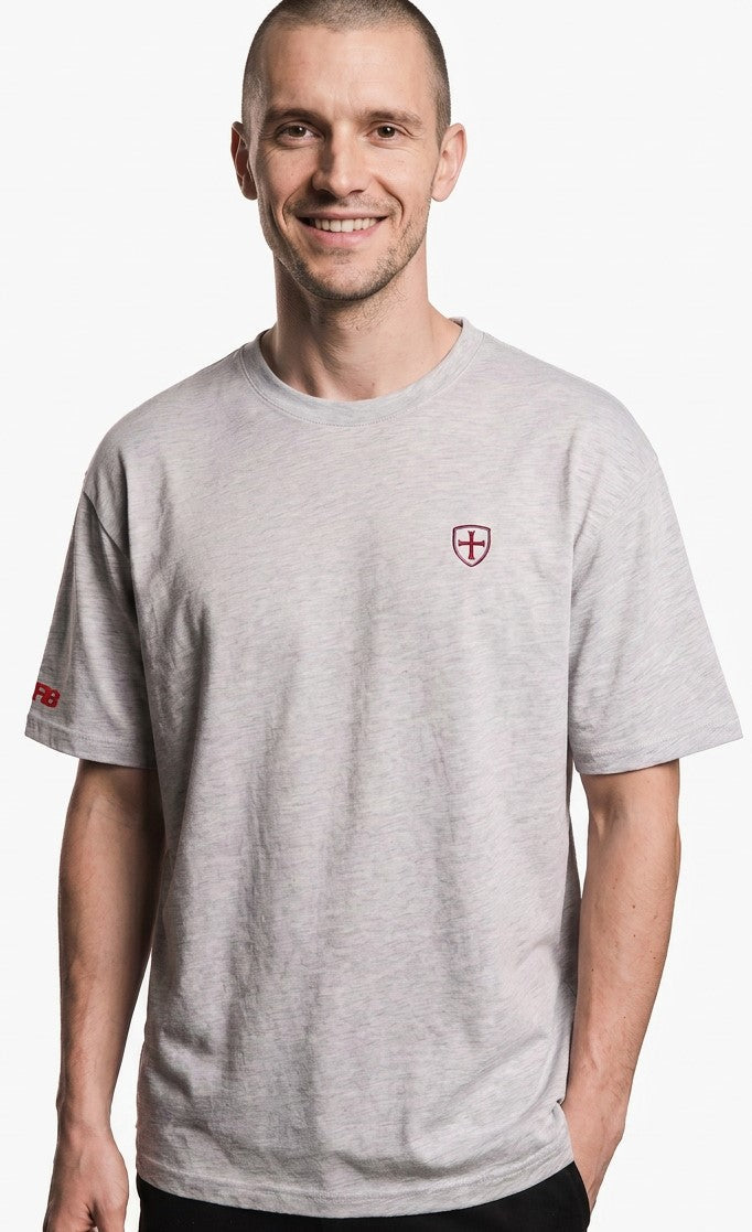 Charity Shield t-shirt, £5 from every sale added to our Key Charities fund.  Heather grey Shield t-shirt 280gsm luxury cotton Paganus Britannia