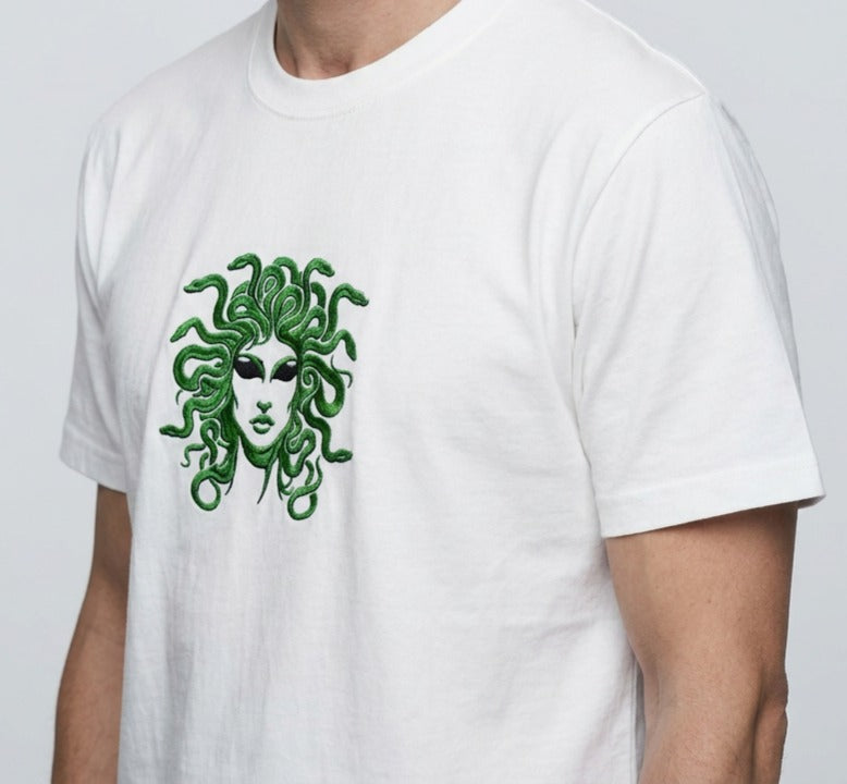 Medusa t-shirt. Gorgeous green and black embroidery design. Paganus Britannia
