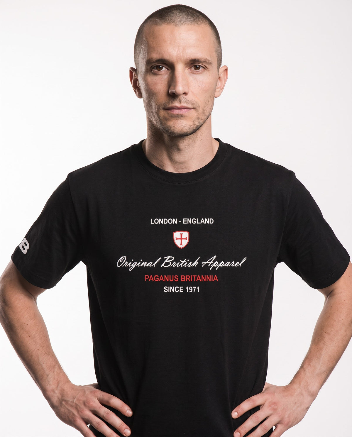 Original British Apparel black heavy 280 gsm cotton t-shirt. £10 discount for advance orders. Paganus Britannia