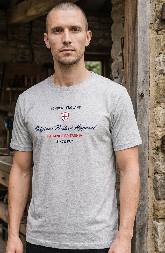 Original British Apparel heather grey ultra heavy 280 gsm cotton t-shirt. £10 discount for advance orders. Paganus Britannia