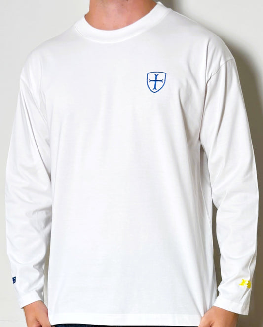 Long sleeve white 250gsm t-shirt with triple logos.