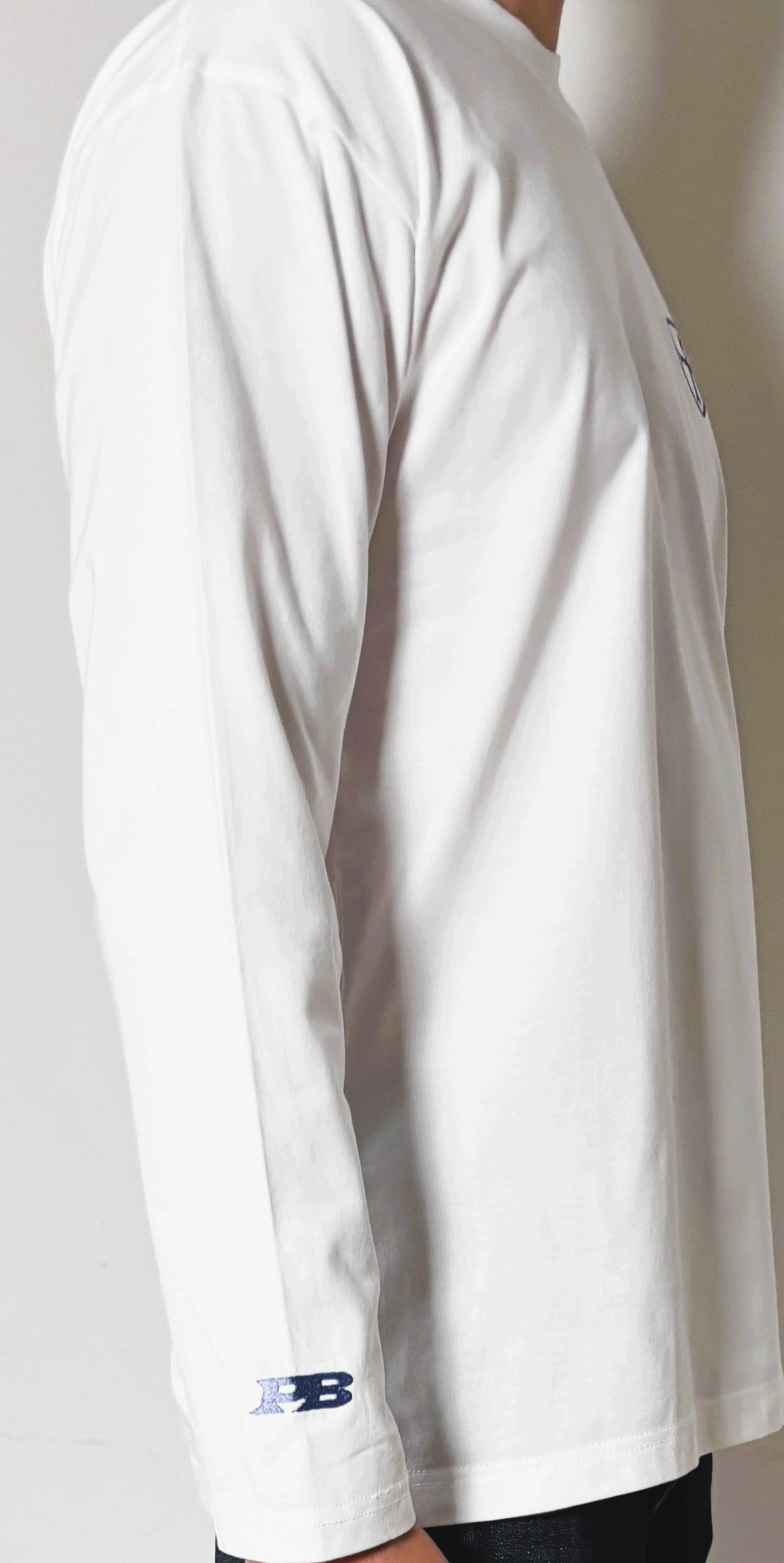Long sleeve white 250gsm t-shirt with triple logos.