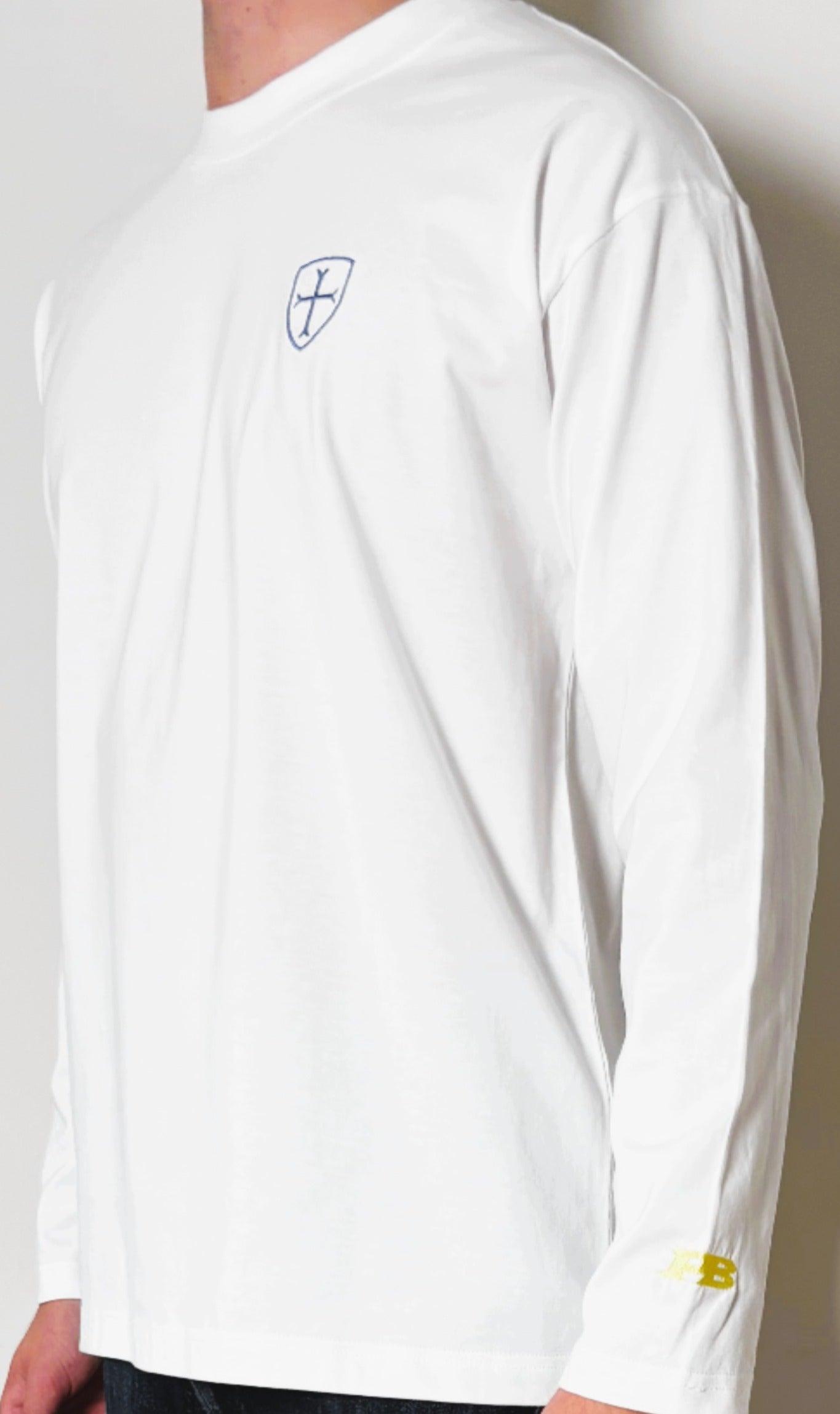 Long sleeve white 250gsm t-shirt with triple logos.