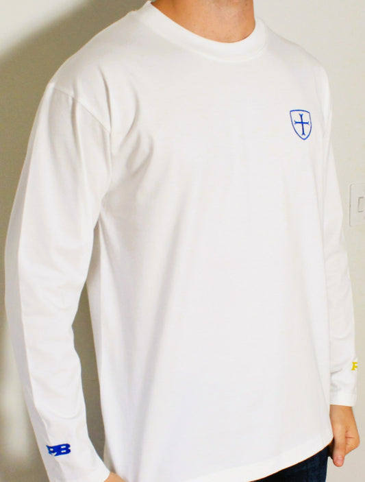 Long sleeve white 250gsm t-shirt with triple logos.