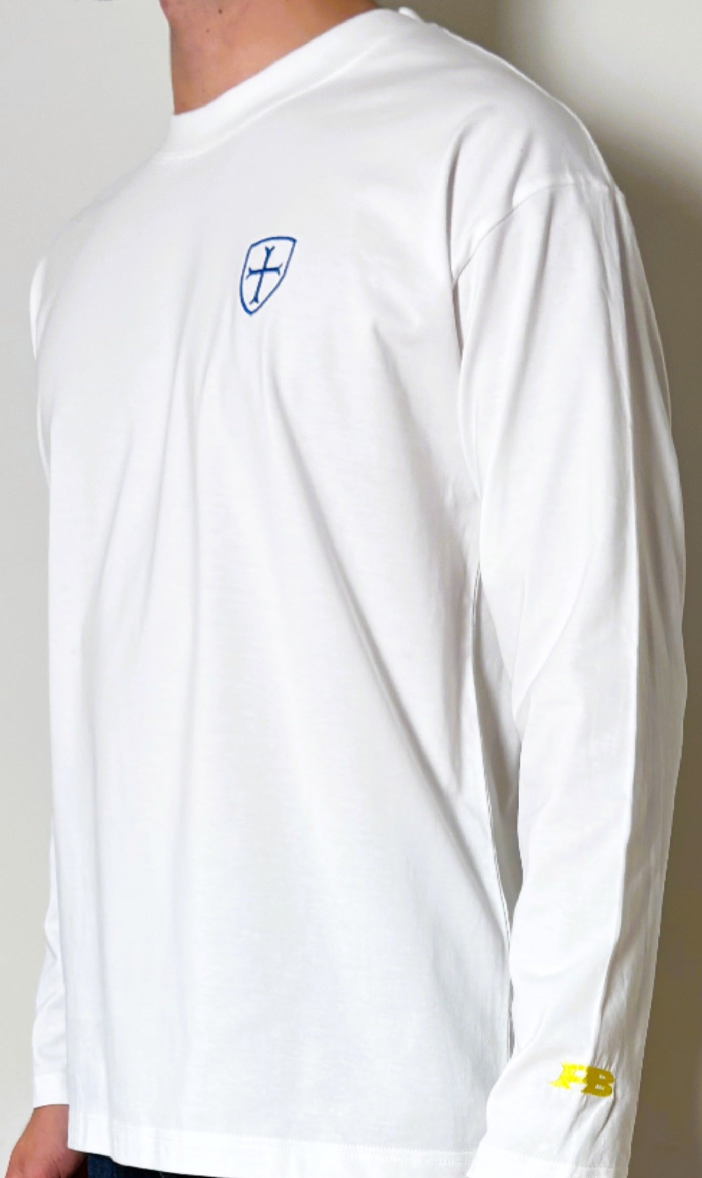 Long sleeve white 250gsm t-shirt with triple logos.