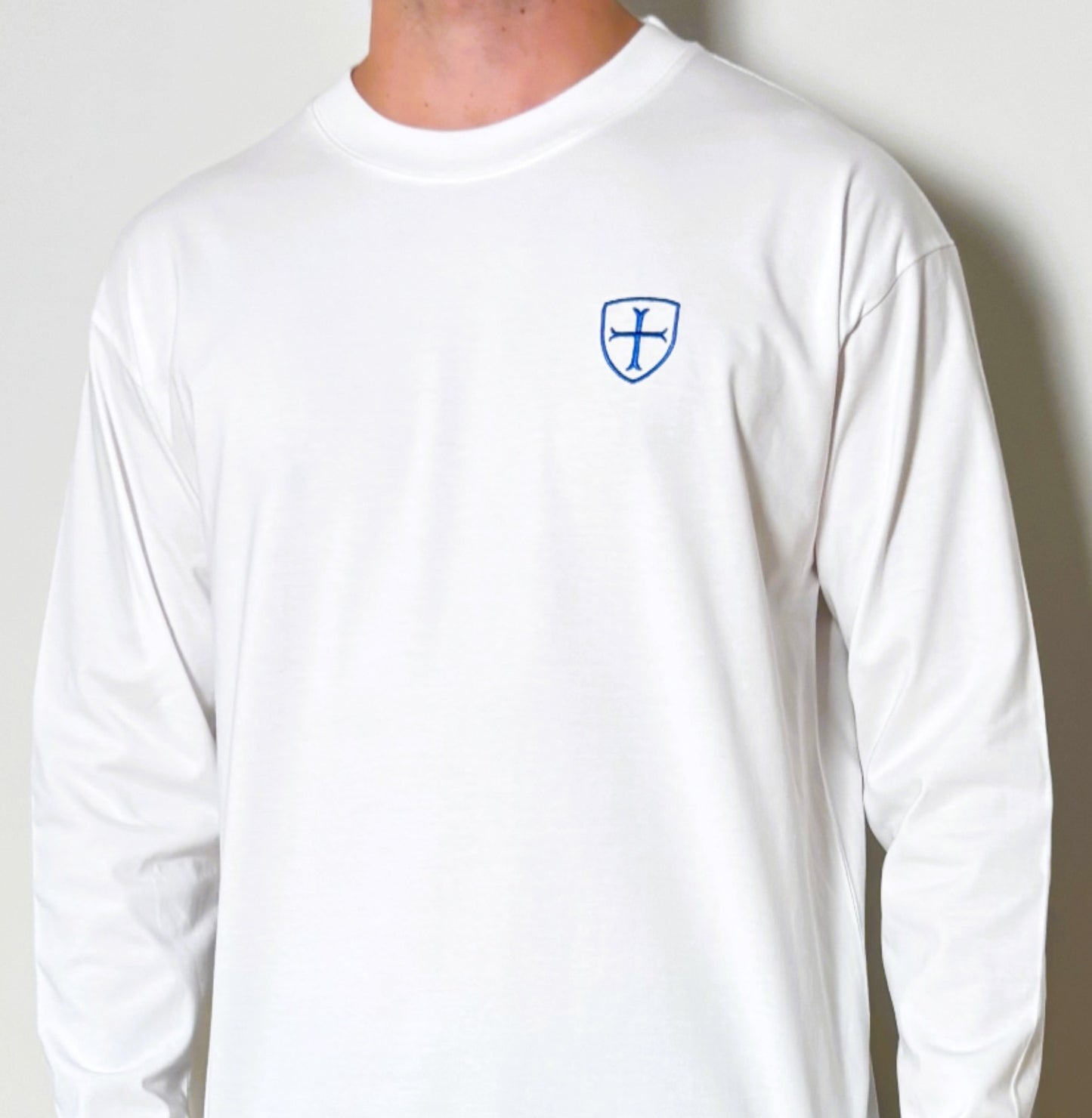 Long sleeve white 250gsm t-shirt with triple logos.
