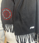 Latin text logo 100% lambs wool black scarf. Paganus Britannia