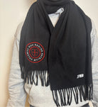 Latin text logo 100% lambs wool black scarf. Paganus Britannia