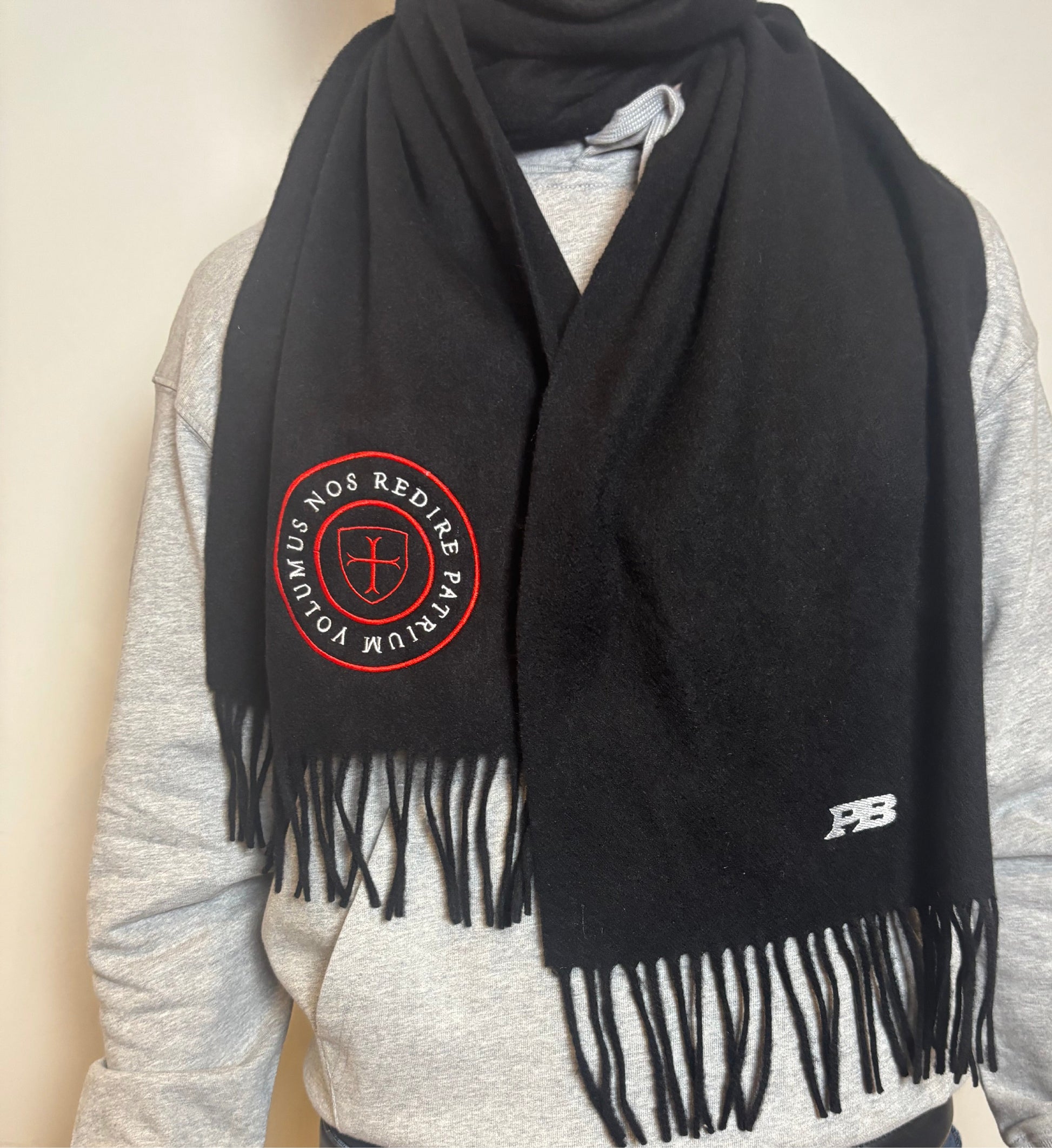 Latin text logo 100% lambs wool black scarf. Paganus Britannia