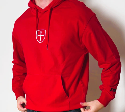Manchester red hoody with triple logos.